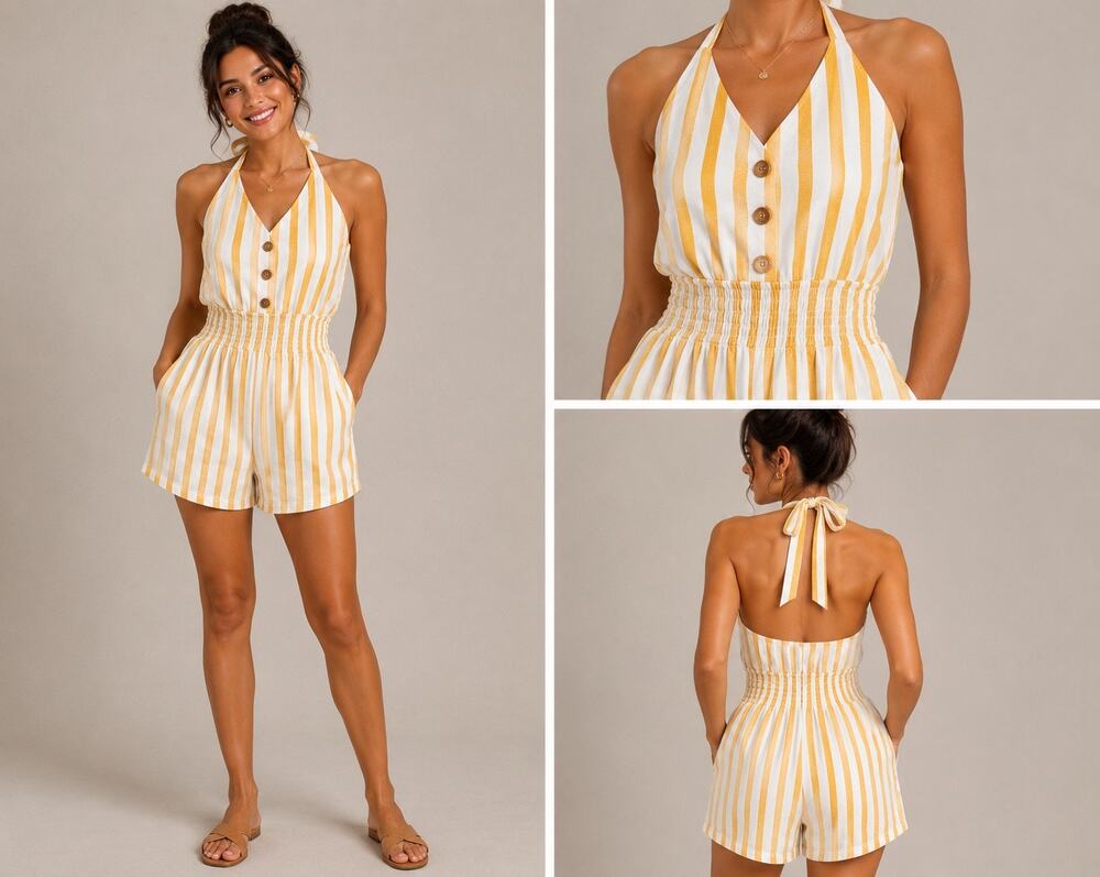 Valija Striped Linen Blend Halter Romper White Mustard Yellow Size M Boho